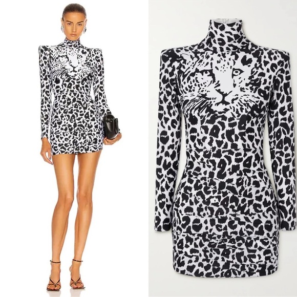 Alex Perry Ryan Leopard-print Stretch-jersey Turtleneck Mini Dress - Picture 1 of 16